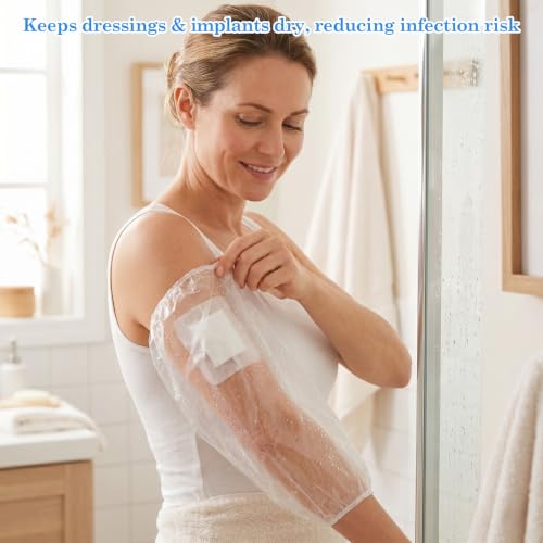 Klmnop 100 Pack Disposable PICC Line Shower Cover, Waterproof Upper Arm Sleeve for Showering, Plastic Shield Protects Bandage & Wound Fits 9-16" Arm Circumference(Clear)