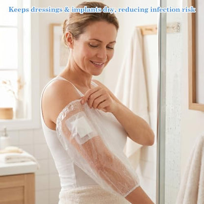 Klmnop 100 Pack Disposable PICC Line Shower Cover, Waterproof Upper Arm Sleeve for Showering, Plastic Shield Protects Bandage & Wound Fits 9-16" Arm Circumference(Clear)