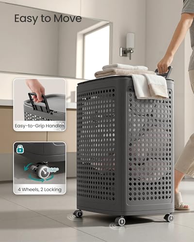 SONGMICS Laundry Hamper with Wheels, 75 L Laundry Basket with Lid - color: Dark Gray, size: Lid and Wheels