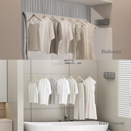 Danpoo Retractable Clothesline, Anti-Sag Adjustable Knob Heavy-Duty Clothes Line for Indoors/Outdoors with 2 * 13.8ft Stainless Steel Wire, Laundry Wall Drying Solutions, Gray - style: Grey
