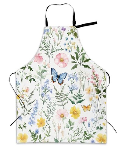Cooking Aprons for Men and Women,Adjustable Bib Chef Apron with 2 Pockets, Soft and Durability Kitchen Apron - color: Wildflowers Vintage Plants Herb Flower Butterfly