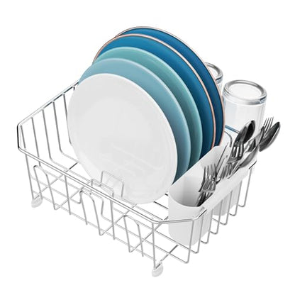 GSlife Mini in Sink Dish Drying Rack - Stainless Steel for RV Kitchen - color: Silver Rack With White Utensil Holder, size: Mini - 13.4" x 9.5" x 5"