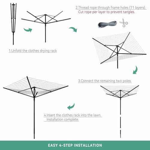 Enayplon 4-Arm Umbrella Clothes Drying Rack, 164 FT Rotary Outdoor Clothesline, Height Adjustable Foldable Laundry Dryer with Ground Spike & Waterproof Protective Cover for Backyard Patio Garden