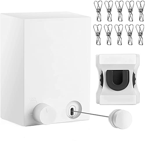 Retractable Clothesline Clothes Line Retracting Outdoor/Indoor, Heavy Duty Stainless Steel Adjustable Drying Rope Wire Dryer with ABS case+Aluminum, Self Adhesive Wall Mount Upgrade Knob White - color: W Upgraded White and Buckle With Rotary Knob