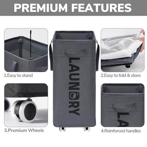 Goodpick 75L Laundry Basket with Wheels & Removable Wash Bag for Dorm - color: Grey 1-Pack