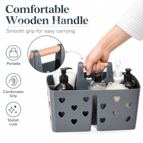 Gray Portable Shower Caddy, Plastic Basket Organizer with Wooden Handle - color: Gray