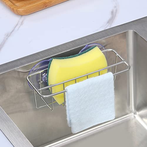 TESOT Sink Caddy Sponge Holder for Kitchen Sink Dish Cloth Hanger 2 Suspension Options(Suction Cups and Adhesive Hook), SUS304 Stainless Steel, Silver - color: Silver