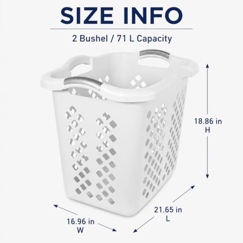 Laundry Basket 2 Bushel Plastic with Handles White for Bedroom Dorm - color: White