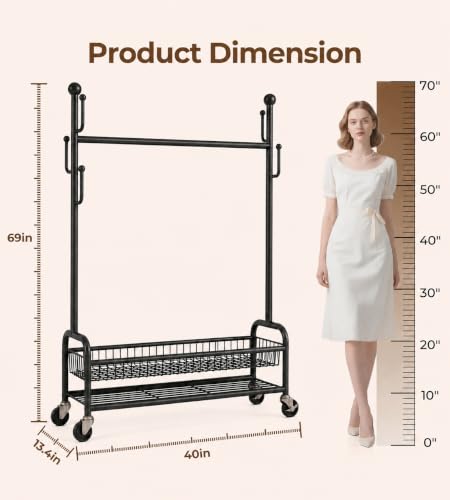 Rolling Clothes Drying Rack with Lockable Wheels, Heavy Duty Metal Laundry Drying Rack with 5 Hooks and 2-Tier Drying Shelves, Drying Rack Clothing for Indoor and Outdoor Use