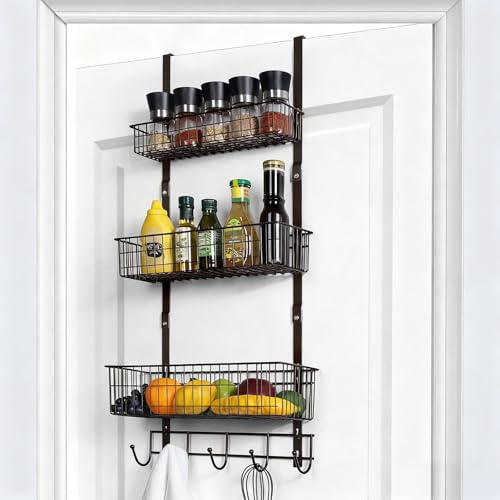 ETELI Over the Door Basket Organizer 3 Tier Hanging Basket Door Shelf Rack Heavy Duty Over Door Pantry Organizer with 3 Metal Baskets for Kitchen Bathroom Bedroom Living Room, Dark Brown - color: Dark Brown