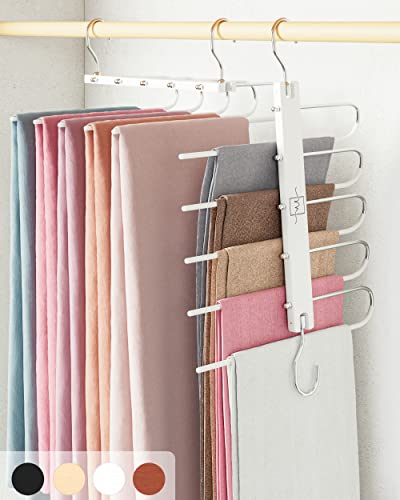 MORALVE Pants Hangers Space Saving - 2 Pack European Beechwood Scarf and Jean Hangers - Closet Organizer and Space Saver Pant Rack, Leggings Hanger, and Scarf Holder with 360° Swivel Hook - color: White, size: 2 Pack