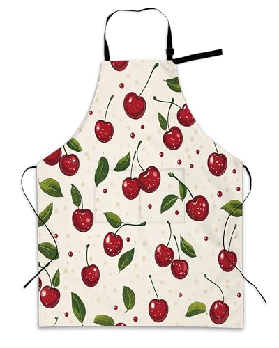 Cooking Aprons for Men and Women,Adjustable Bib Chef Apron with 2 Pockets, Soft and Durability Kitchen Apron - color: Cute Red Cherry