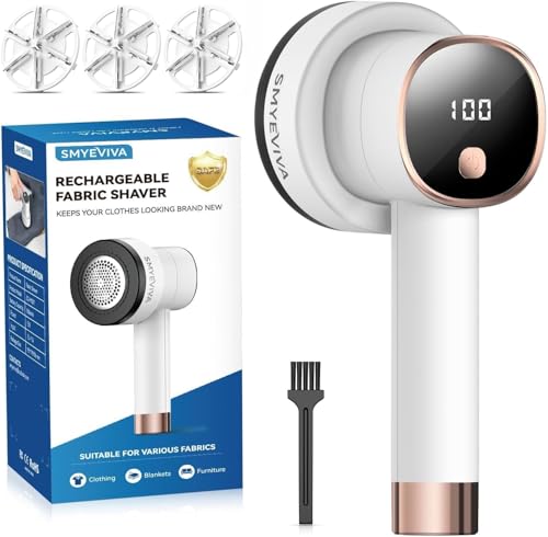 Rechargeable Fabric Shaver, 6-Leaf Blades, LED Display, 3 Speeds - color: White