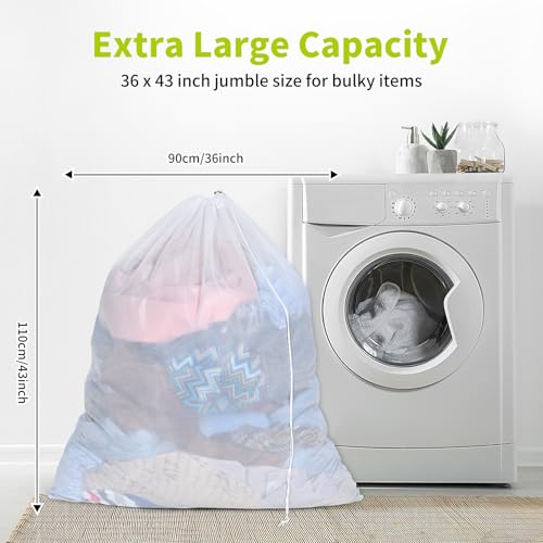 OTraki Ex-Large Mesh Laundry Bag 36x43 Inch Drawstring Laundry Wash Bags 2 Pack Dirty Clothes Net Laundry Bag Heavy Duty Travel Storage Organize Bag Don't Drying, Melting 140-176℉ White - size: 36 x 43 inch
