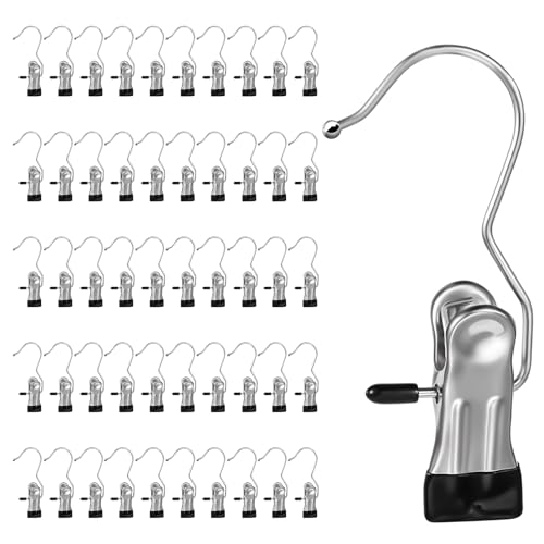 YUXIANLB 50 Pack Boot Hanger Clips Hooks, Heavy Duty Laundry Hooks with Clips, Portable Stainless Steel Clothes Pins Boot Clips for Hanging, Socks Towels Hats Pants Holder for Travel, Closet - size: 50 Count (Pack of 1)