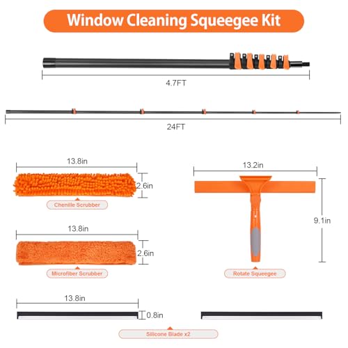 24FT Carbon Fiber Window Washing Kit with Extension Pole Outdoor - size: 24 FT