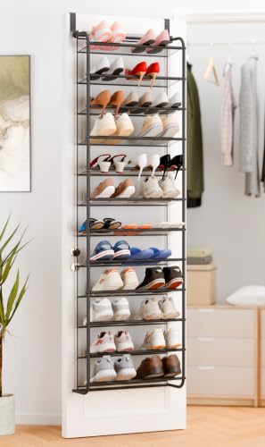 Whitmor 36 Pair Over the Door Shoe Rack,12 Tier Hanging Shoe Organizer with Metal Frame & Mesh Shelves, Heavy Duty Shoe Storage Holder for Door, 74" H x 21.7" W x 7.5" D, Gunmetal Gray - color: Gunmetal Gray