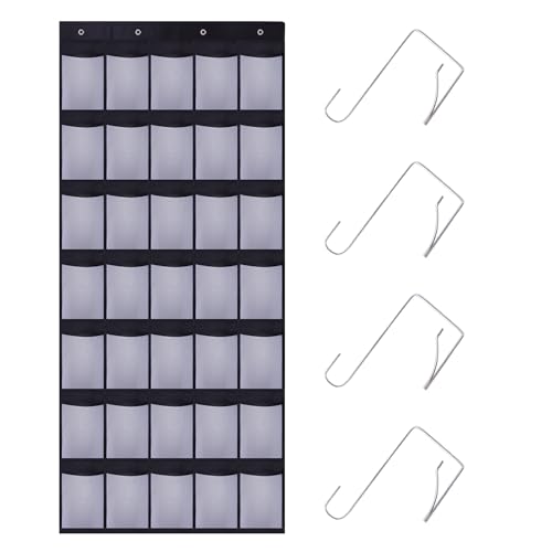 35 Pocket Over Door Shoe Organizer with 4 Metal Hooks（Black-White） - color: Black-white, size: 66.9" x 27"