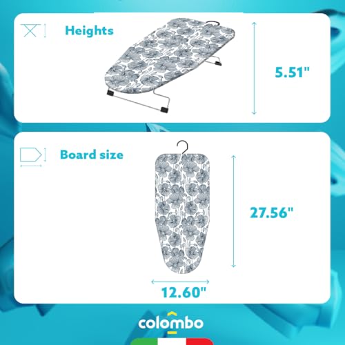 Colombo Miniasse Table Top Ironing Board 27.5″ x 12.5″ – Small Portable Foldable Ironing Board with Safety Lock, Compact Dorm & Apartment Iron Board, Organic Cotton Cover