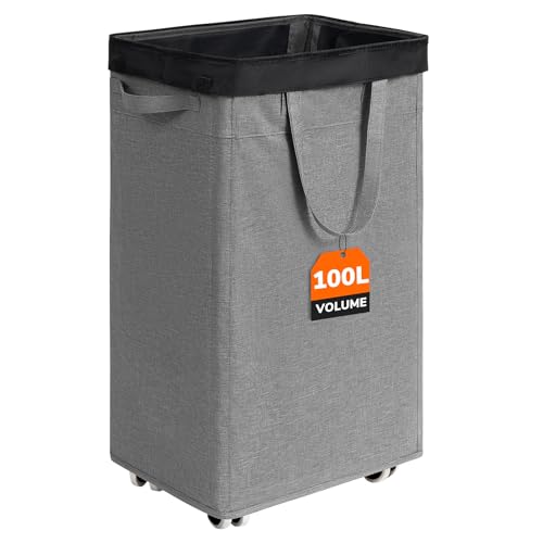 CHICVITA 100L Slim Laundry Basket with Wheels & Wash Bag, Light Grey - color: Light Grey, size: 100L (16.5"L x 12.6"W x 29.5"H)