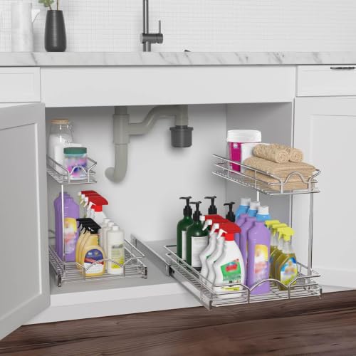 OCG Under Sink Cabinet Organizer Two Tier Pull Out Shelf (14.75W x 21D), Under Sink Sliding Shelf for Kitchen Bathroom Cabinet 2 Tier Chrome - size: 14.75"W x 21"D