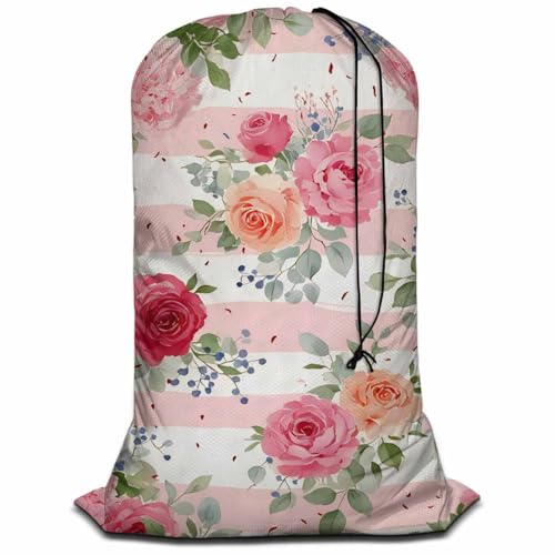 Swono Pink Rose Dining Toy Storage Heavy Duty Basket Laundry Bag with Drawstring Romantic White Peony Bouquets Folding Organizer for Travel Washing Machine, 28x40 Inch, Striped - color: Pink Rose