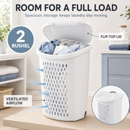 White Rolling Laundry Hamper with Wheels & Handle, 2 Bushel - color: White -Wheel-2 Bushel