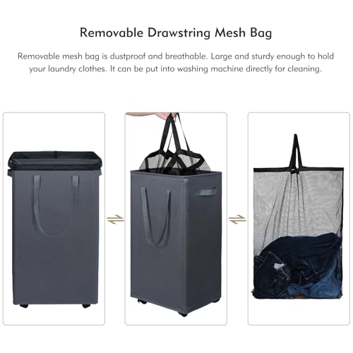 DOKEHOM 90L X-Large Rolling Laundry Basket Hamper on Wheels, Grey - color: Grey, size: X-Large Pro 29"