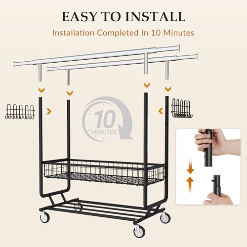 Gewudraw Clothes Rack Heavy Duty Load 1060 LBS With Wheels,Commercial,Black - color: Black, style: Double Rod & Shelves