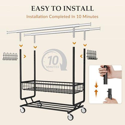 Gewudraw Clothes Rack Heavy Duty Load 1060 LBS With Wheels,Commercial,Black - color: Black, style: Double Rod & Shelves