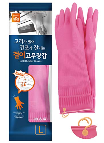 Myungjin Reusable Waterproof Household Dishwashing Non-Slip Cleaning Rubber Gloves with Hang-Dry Hook (1 Pair/Large) - size: 1 Pair / Large
