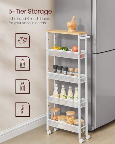 VASAGLE 5-Tier Slim Rolling Storage cart with Wheels, 5.1 Inches, Metal - color: Oak Beige + Classic White, size: 5 Tiers (5.1"D x 39.2"H)
