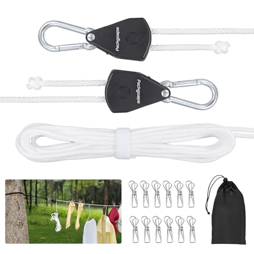 Retractable Travel Clothesline, Portable Clothes Line with Heavy Duty Pulleys & Carabiners, Windproof Clothes Drying Rope for Outdoor Camping, Travel, Indoor Home Use (White, 19 Feet with Clips) - size: 19 Feet with Clips