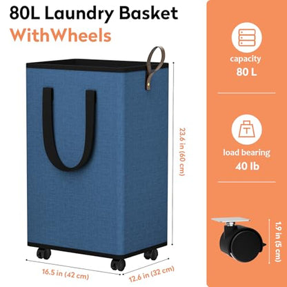 SpaceTrove Rolling Laundry Basket with Wheels, Laundry Hamper, 80L, Navy - color: Navy, size: 80L
