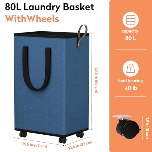 SpaceTrove Rolling Laundry Basket with Wheels, Laundry Hamper, 80L, Navy - color: Navy, size: 80L