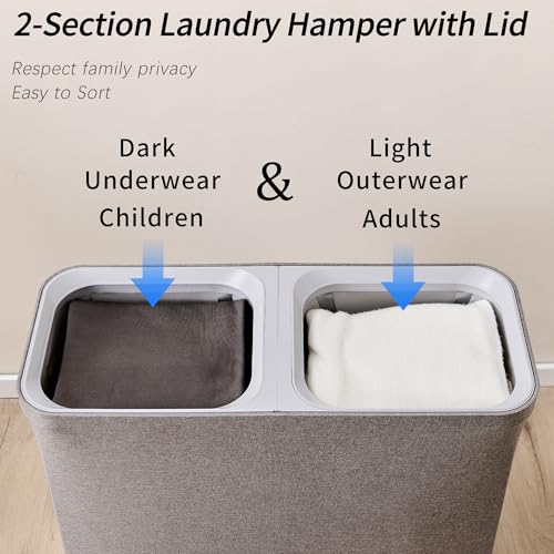 Laundry Hamper with Lid, 2 Compartment Sorter for Bedroom