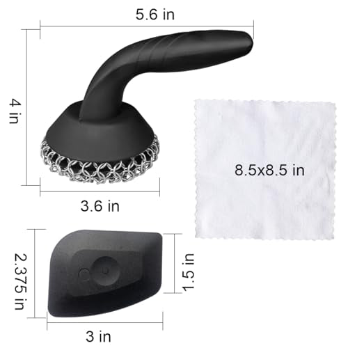 Cast Iron Scrubber with Pan Scraper & Towl, 316 Chainmail Scrubber with Long Handle, Upgraded Chain Mail Scrubber Cleaner for Grill Pan Skillet Wok Carbon Steel Dutch Oven Metal Brush (Black) - color: Black