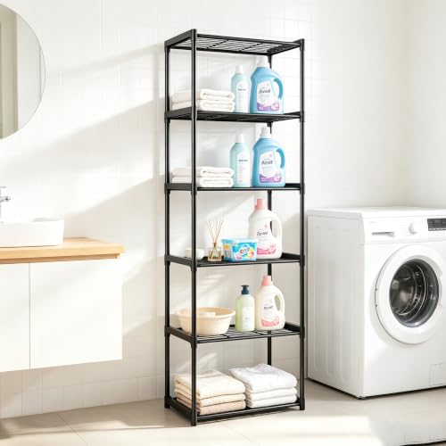 6-Tier Storage Shelves with Plastic Connectors – Metal Shelf Organizer for Pantry, Closet & Bathroom, Space-Saving Sturdy Shelving Unit Rack, Black， 17.3" x 12.8" x 70.9" - color: Black, size: 17.3" x 12.8" x 70.9"(6T)