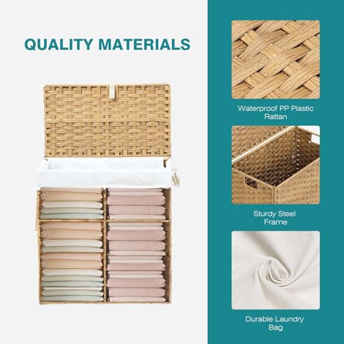 Laundry Hamper with Lid, 90 L Rattan Clothes Laundry Basket with Lid and Handles, Foldable Clothes Hamper, Removable Liner, Goose Yellow - color: Goose Yellow, size: 90 L