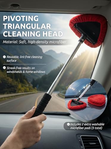TAKAVU Window & Windshield Cleaner, Extendable, 3 Microfiber Pads (Red) - color: Red