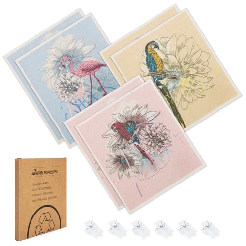 Swedish Dishcloths for Kitchen, 6 Pack Birds Flower Swedish Dish Towels with Clips, Reusable Paper Towels Washable Non-Scratch Super Absorbent Cellulose Sponge Cloths, Biodegradable No Odor - color: Birds Flower