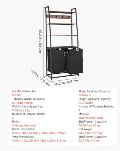 VEVOR 4 Tiers Laundry Sorter, Tall Laundry Hamper with Shelves and Hooks, 2 Section Freestanding Basket Organizer Storage with 600D Oxford Cloth Bags and Ladder Shelves for Dirty Clothes, Bathroom - style: 4 Tiers
