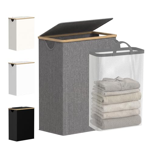 efluky Slim Laundry Basket with Lid, Narrow Laundry Hamper with Removable Bag, Skinny Dirty Clothes Basket with Bamboo Handles for Bathroom, Bedroom & Laundry Room, 65L Grey - color: Grey, size: 65L