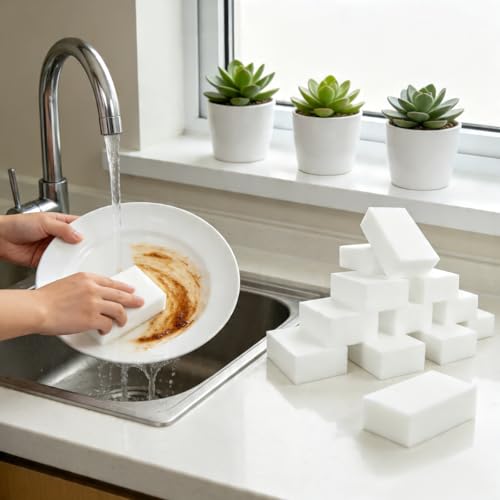 Melamine Foam Cleaning Sponges, 50 Pack Extra Thick Pads, High Density Tear-Resistant Stain Remover, Multi-Surface Cleaner for Kitchen, Bathroom, Shoes, Car, Office
