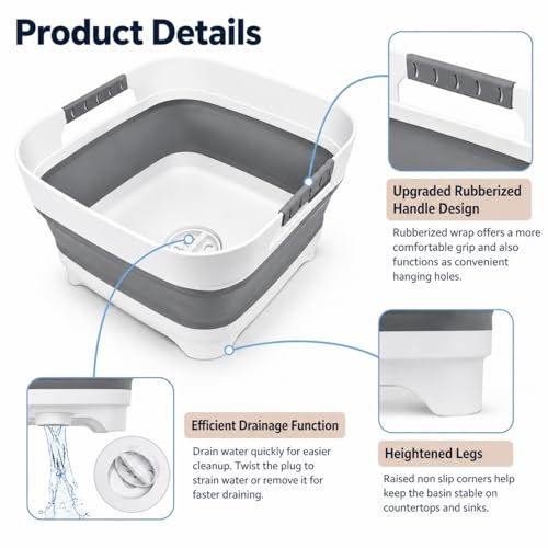Collapsible Dish Basin with Drain Plug, 2.4 Gal 9L Foldable Wash Basin, Portable Sink Tub for Kitchen, Baby Bottles, Camping, RV, Vegetable Washing and Beverage Tub, Gray - color: Gray