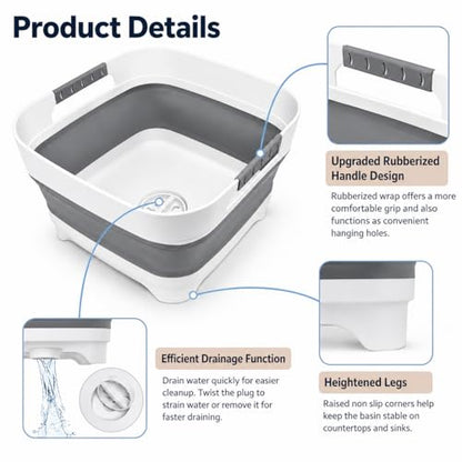 Collapsible Dish Basin with Drain Plug, 2.4 Gal 9L Foldable Wash Basin, Portable Sink Tub for Kitchen, Baby Bottles, Camping, RV, Vegetable Washing and Beverage Tub, Gray - color: Gray