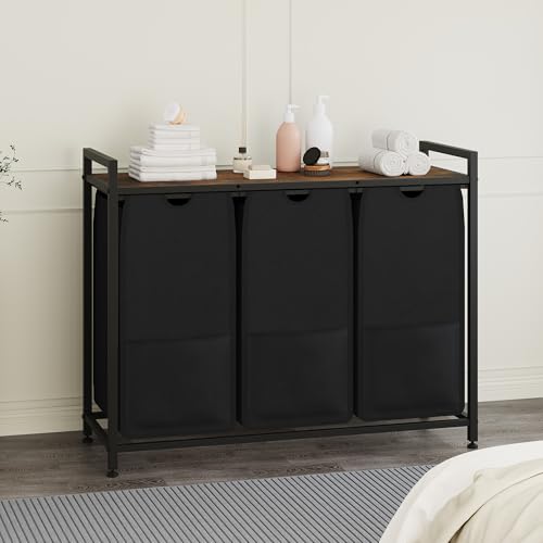 Laundry Sorter, Black, 3-Section, 36.6x13x28.5 in - size: 3 Bags-145.5L / Rustic Brown + Black