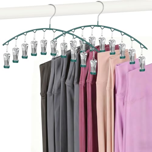 Legging Hangers for Closet Organizer, Hat Hangers for Closet 2 Pack with 10 Clips Holds 20 Leggings, Legging Hanger, Pants Storage Organizer Suitable for Socks, Panties, Underwear, Pants (Green) - color: Green