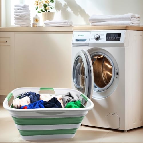 SAMMART 30L(8 gallon) Collapsible Plastic Laundry Basket - Foldable Pop Up Storage Container/Organizer - Space Saving Hamper/Basket - Water Capacity 24L(6.3 gallon) (1, Grey/Dark Sea Green) - color: Grey/Dark Sea Green
