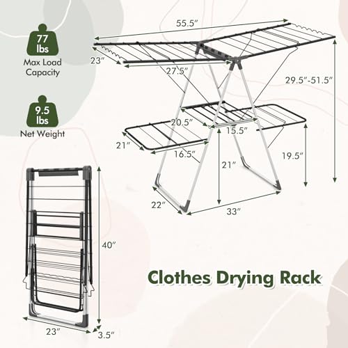 Tangkula Laundry Drying Rack, Foldable Clothes Drying Rack with Height Adjustable Wings, 33 Drying Rails & Sock Clips, Freestanding Gullwing Garment Stand for Indoor & Outdoor Use (Sliver+Grey) - color: Sliver+grey